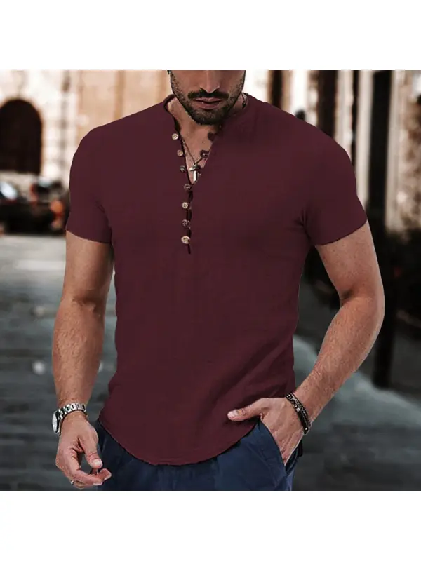 Camisa De Lino Para Hombre Boutton Henley Camisa Informal Para Exteriores Manga Corta Cuello Liso Ropa Informal Hawaiana - Fithuge.com 