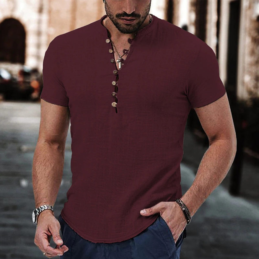 

Men's Linen Shirt Boutton Henley Casual Outdoor Shirt Short Sleeve Plain Collar Casual Hawaiian Clothing