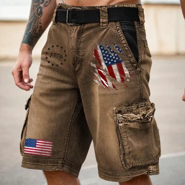 Men's Cargo Shorts American Flag Patriot 1776 Print Vintage Distressed Utility Outdoor Shorts - Wayrates.com 