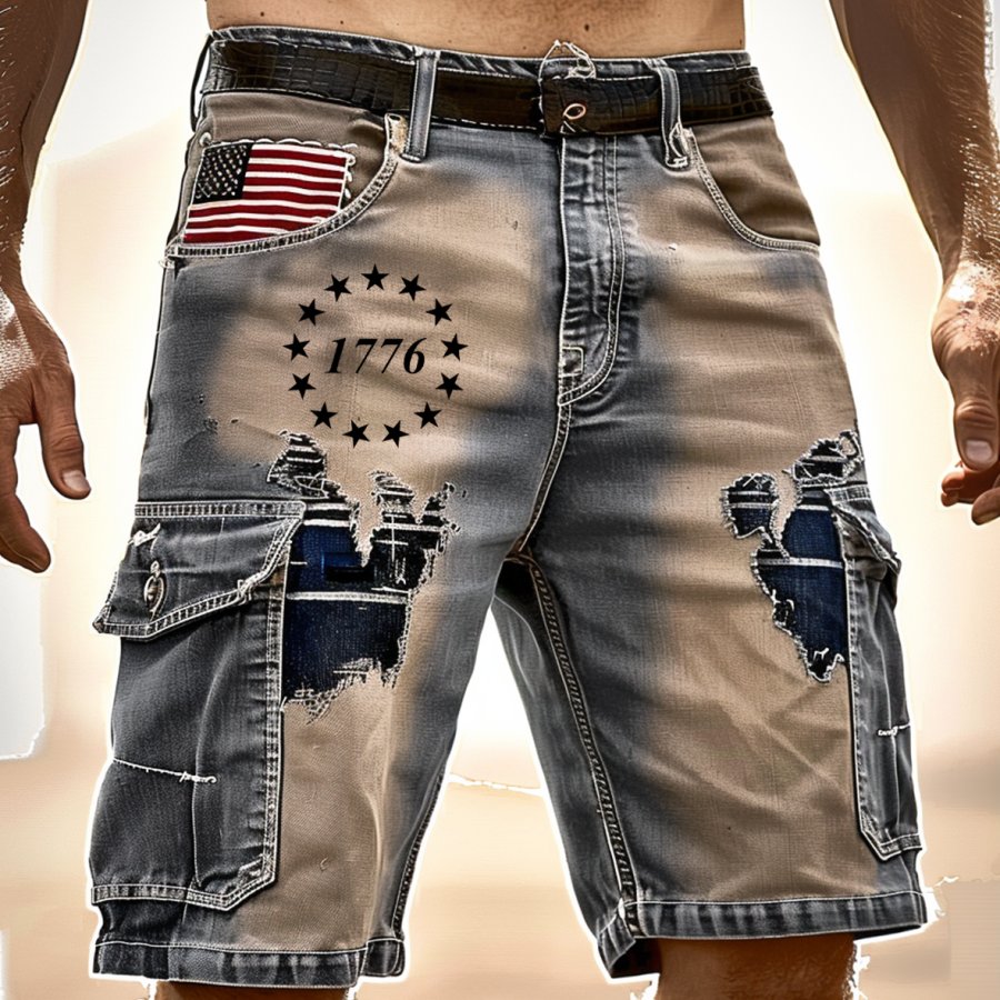 

Men's Vintage American Flag 1776 Patriot Splicing Contrasting Colors Printed Cargo Shorts