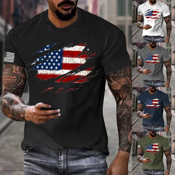 Men's Vintage American Flag Print Crew Neck Casual T-Shirt - Wayrates.com 