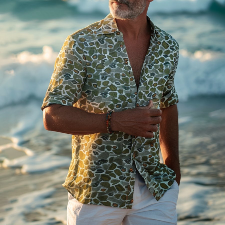

Men's Vintage Geometric Print Surf Beach Patch Cuban Collar Short Sleeve Shirt