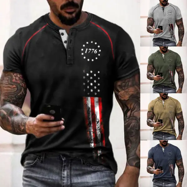 Men's Henley T-Shirt American Flag 1776 Independence Day Print Pattern Retro Short Sleeve Summer Henley - Wayrates.com 