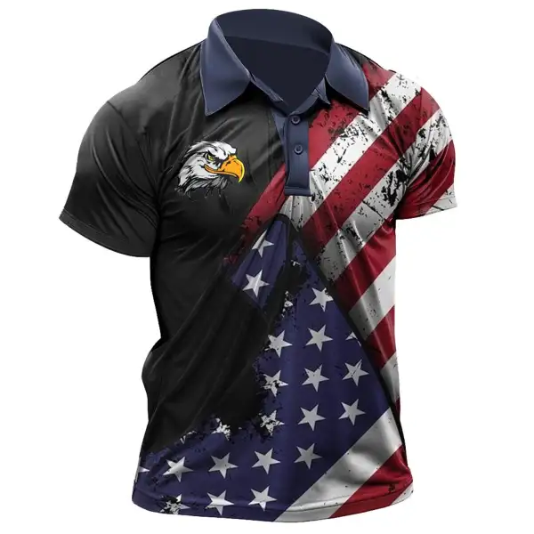 Men's American Flag Eagle Patriotic Print Polo T-Shirt - Wayrates.com 