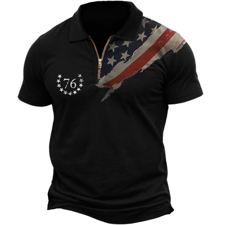 

Men's Vintage American Flag 1776 Independence Day Print Zip Polo Short Sleeve T-Shirt
