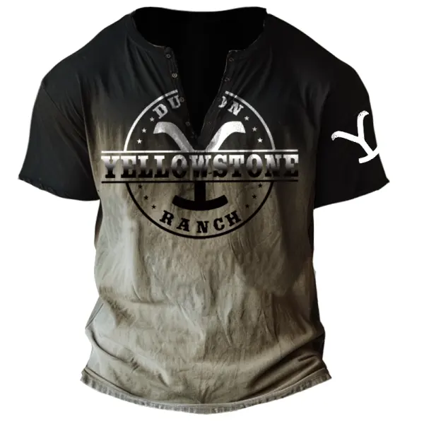 Men's Vintage Yellowstone Ranch Print Zipper Color Block Gradient Henley Neck T-Shirt - Wayrates.com 