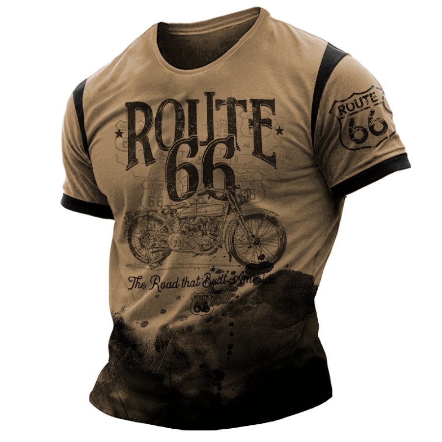 

Men's Route66 Outdoor Motorcycle Halo Dyeing Print Riding Splicing Contrasting Colors T-shirt