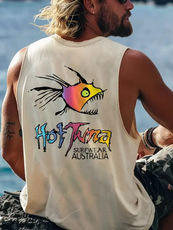 Men's Vintage Australian Fish Surf Print Vest Casual Sleeveless Tank Top - Wantbright.com 