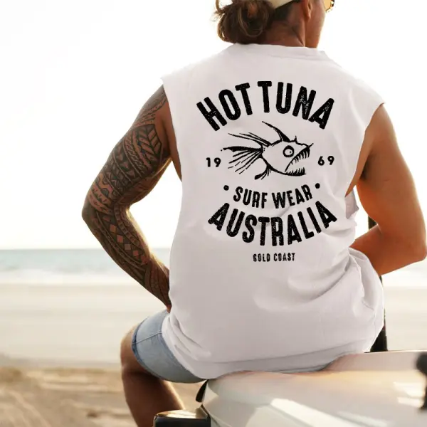 Men's Vintage Australian Fish Surf Print Vest Casual Sleeveless Tank Top - Wayrates.com 