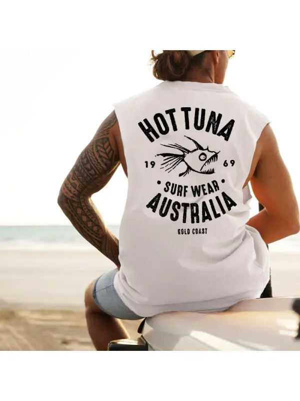 Men's Vintage Australian Fish Surf Print Vest Casual Sleeveless Tank Top - Anrider.com 