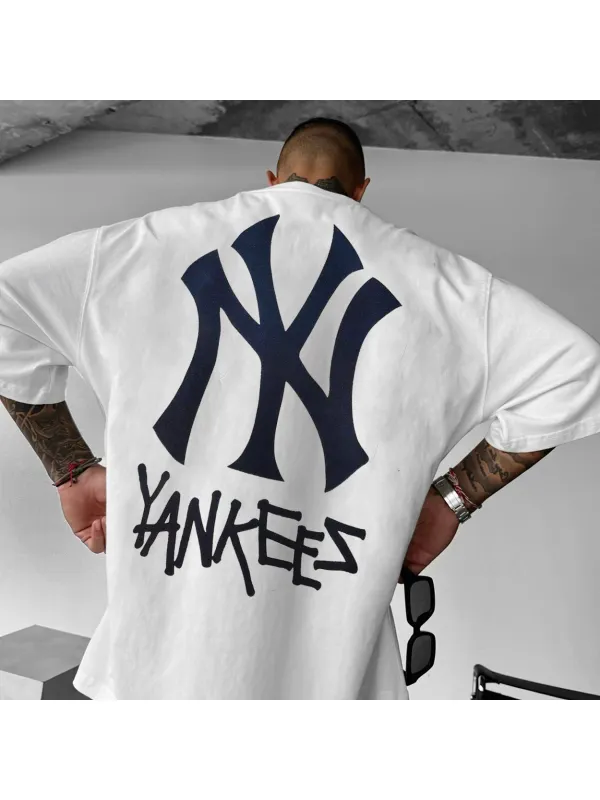 Men's New York Baseball Print Casual Oversized T-Shirt - Anrider.com 