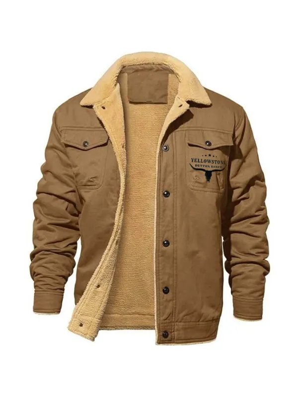 Men's Retro Western Yellowstone Print Fleece Cotton Work Casual Jacket - Ootdmw.com 