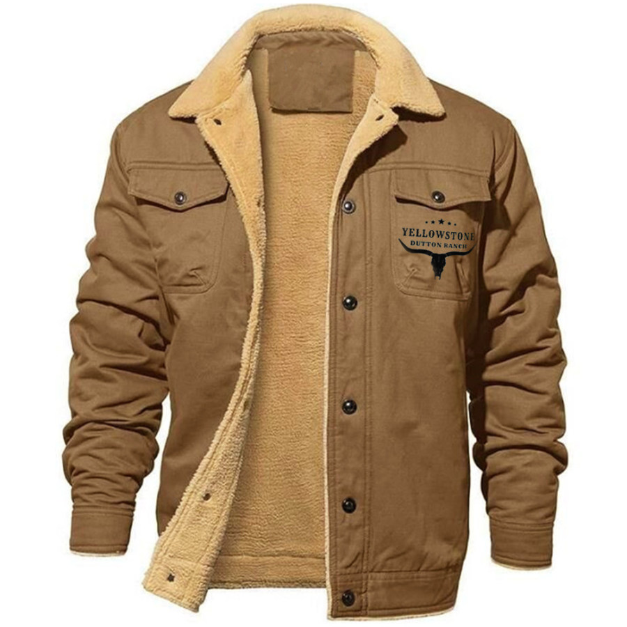 

Men's Retro Western Yellowstone Print Fleece Cotton Work Casual Jacket