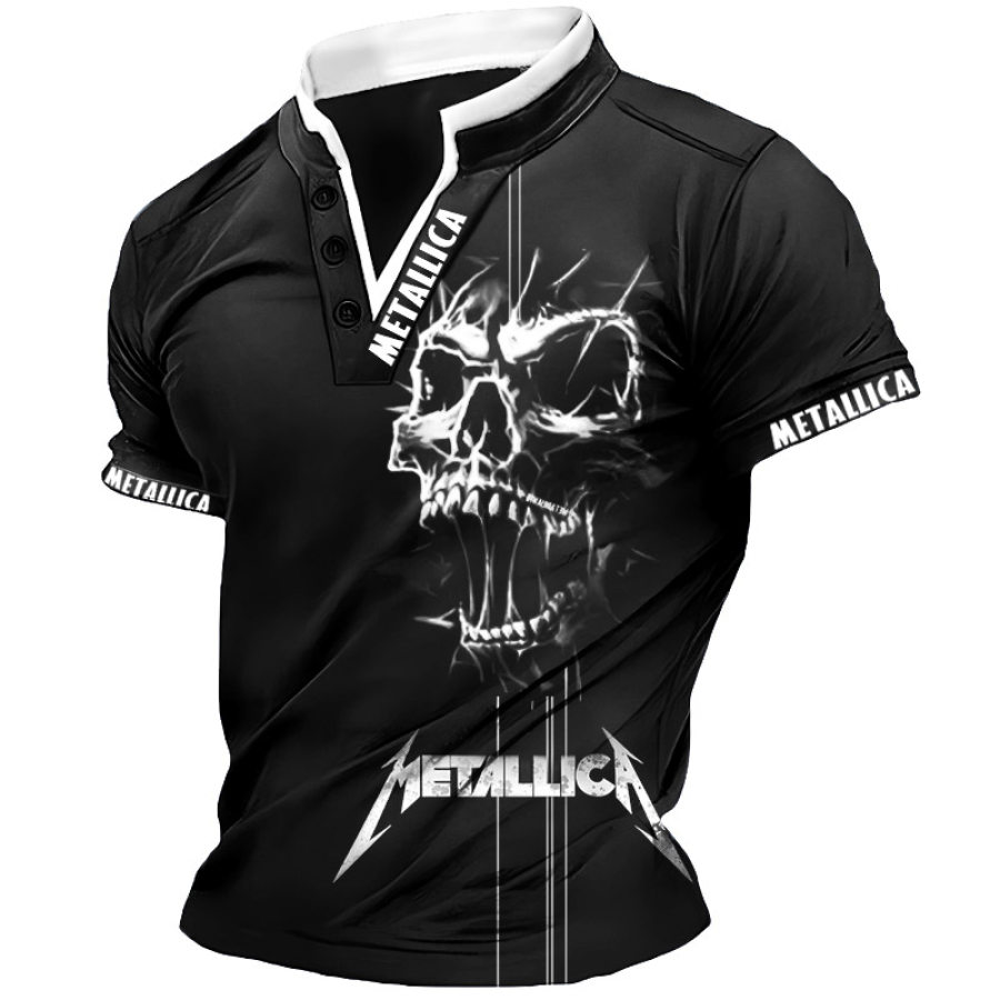 

Men's Vintage Dark Skull Rock Band Print V-neck Stand-up Collar Short Sleeve T-shirt