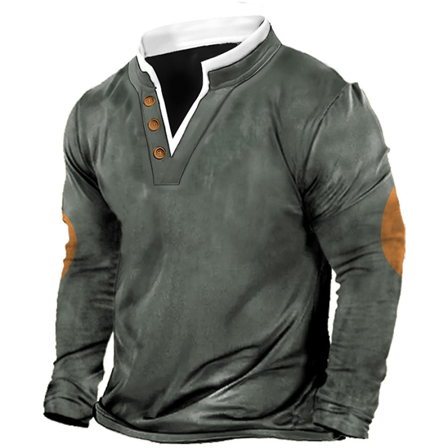 

Men's Vintage Stand Collar Double V Neck Color Block Short Sleeve T-shirt