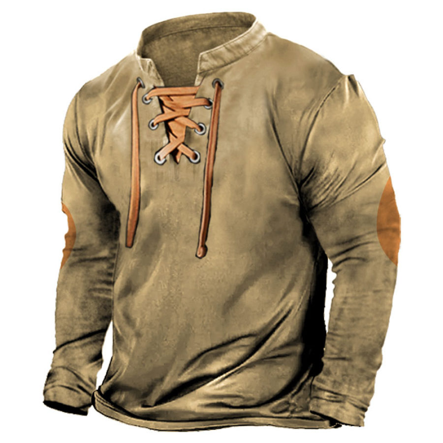 

Men's Vintage Lace-Up Stand Collar Color Block Short Sleeve T-shirt