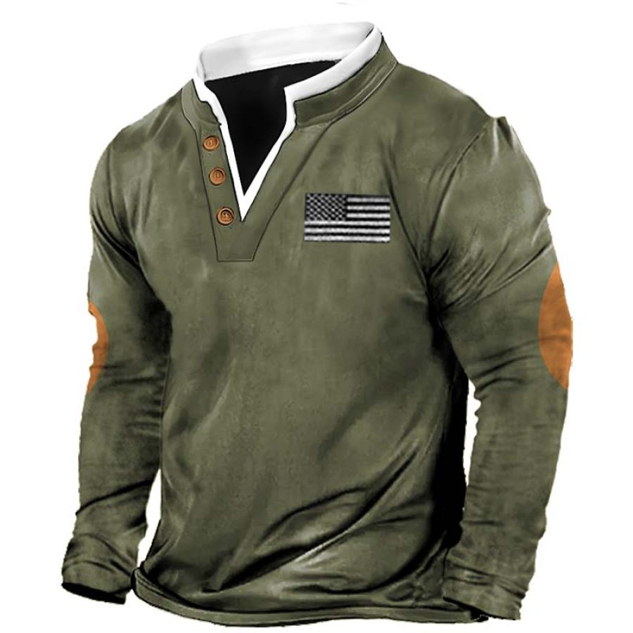 

Men's Vintage American Flag Stand Collar Double V Neck Color Block Short Sleeve T-shirt