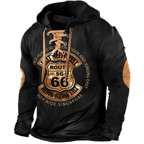 Men's Vintage Route 66 Road Trip Print Lace-Up Hooded Long Sleeve Color Block T-shirt - Nicheten.com 