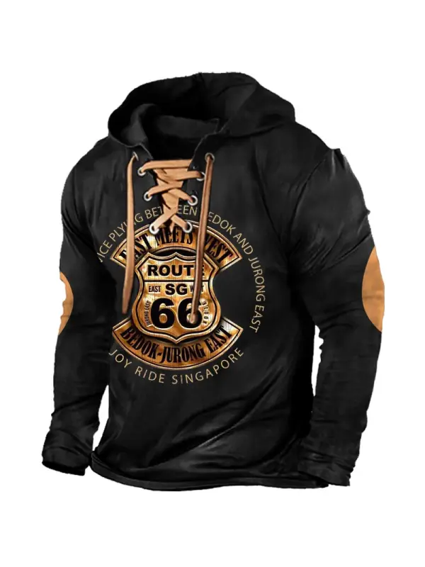 Men's Vintage Route 66 Road Trip Print Lace-Up Hooded Long Sleeve Color Block T-shirt - Anrider.com 