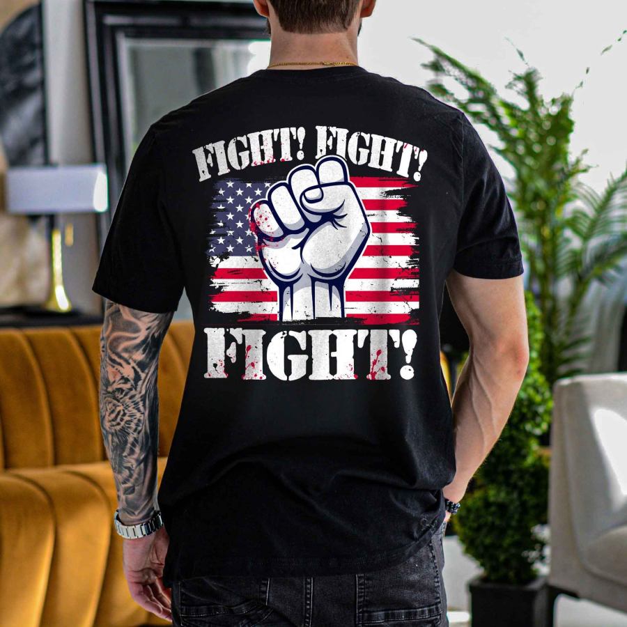 

Men's Vintage Fight Fight Fight American Flag Print Crew Neck Short Sleeve T-shirt