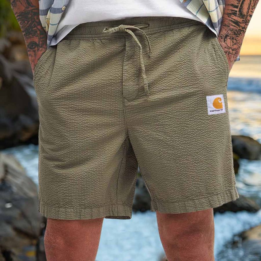 

Men's Vintage Seersucker Surf Elastic Drawstring Cargo Shorts