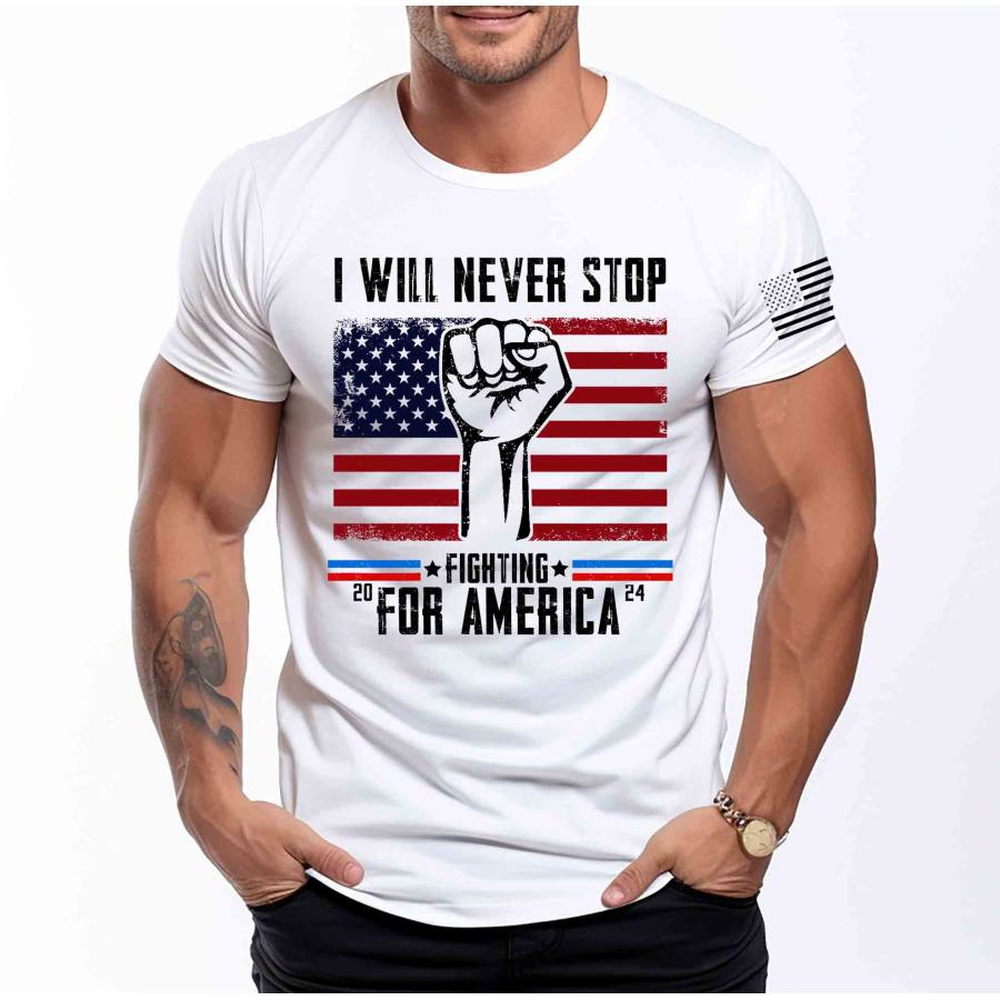 

Men's Vintage I Will Never Stop Fighting For America Flag Print Crew Neck Short Sleeve T-shirt