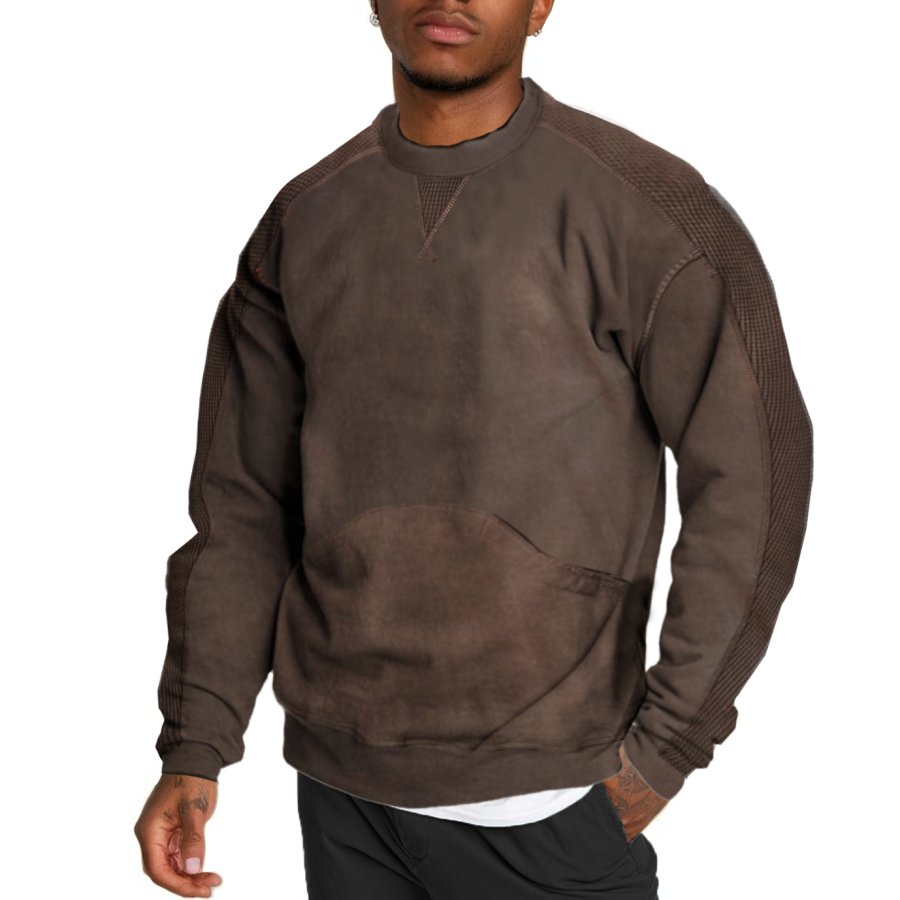

Men's Sweatshirt Waffle Patchwork Vintage Long Sleeve Daily Crew Neck Tops