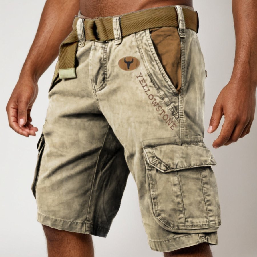 

Men's Vintage Yellowstone Wash Print Multi-Pocket Tactical Shorts