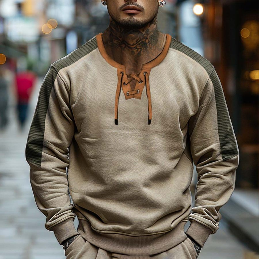 

Men's Vintage Lace-up Sleeve Pleated Color Block Long Sleeve Sweatshirt