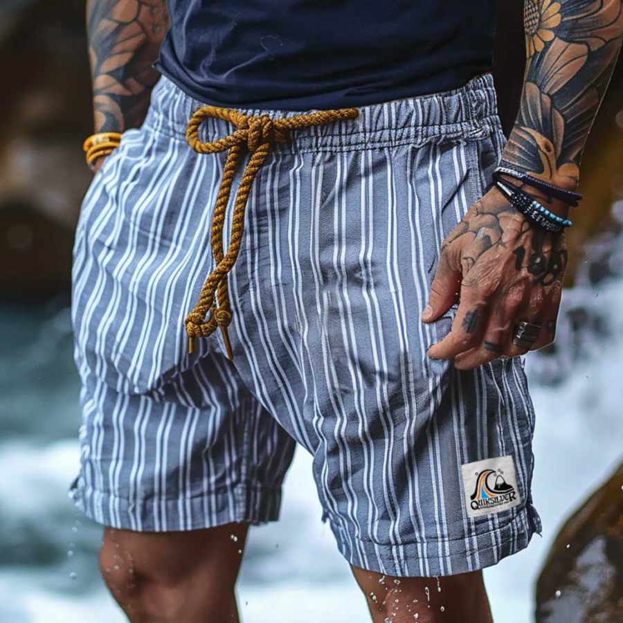 

Men's Vintage Stripes Elastic Drawstring Surf Shorts