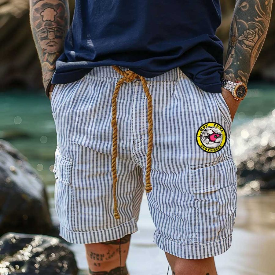 

Men's Vintage Fish Seersucker Stripes Surf Elastic Drawstring Multi-Pocket Cargo Shorts