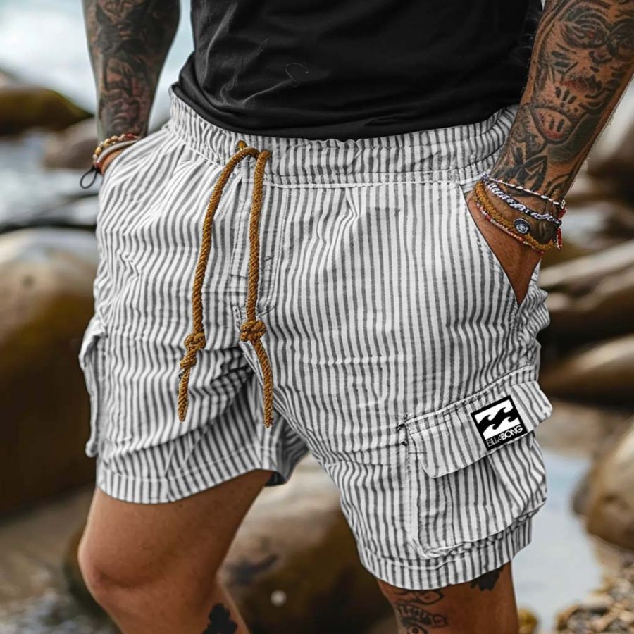 

Men's Vintage Seersucker Stripes Surf Elastic Drawstring Multi-Pocket Cargo Shorts