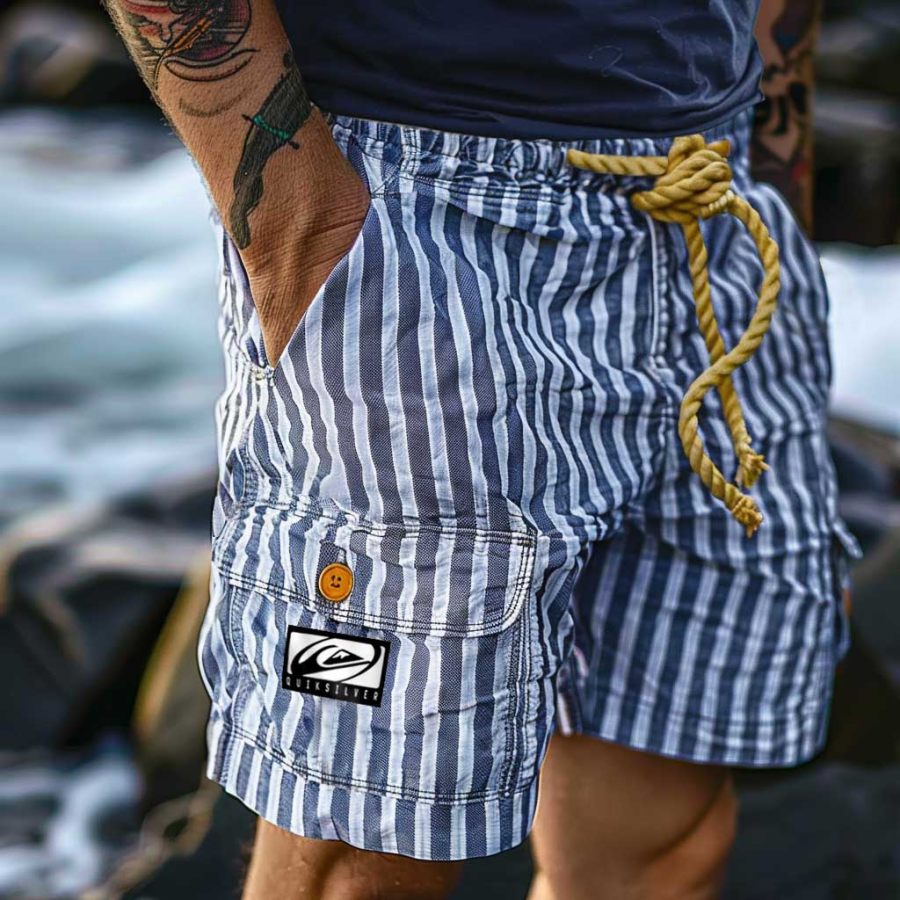 

Men's Vintage Stripes Surf Elastic Drawstring Multi-Pocket Cargo Shorts