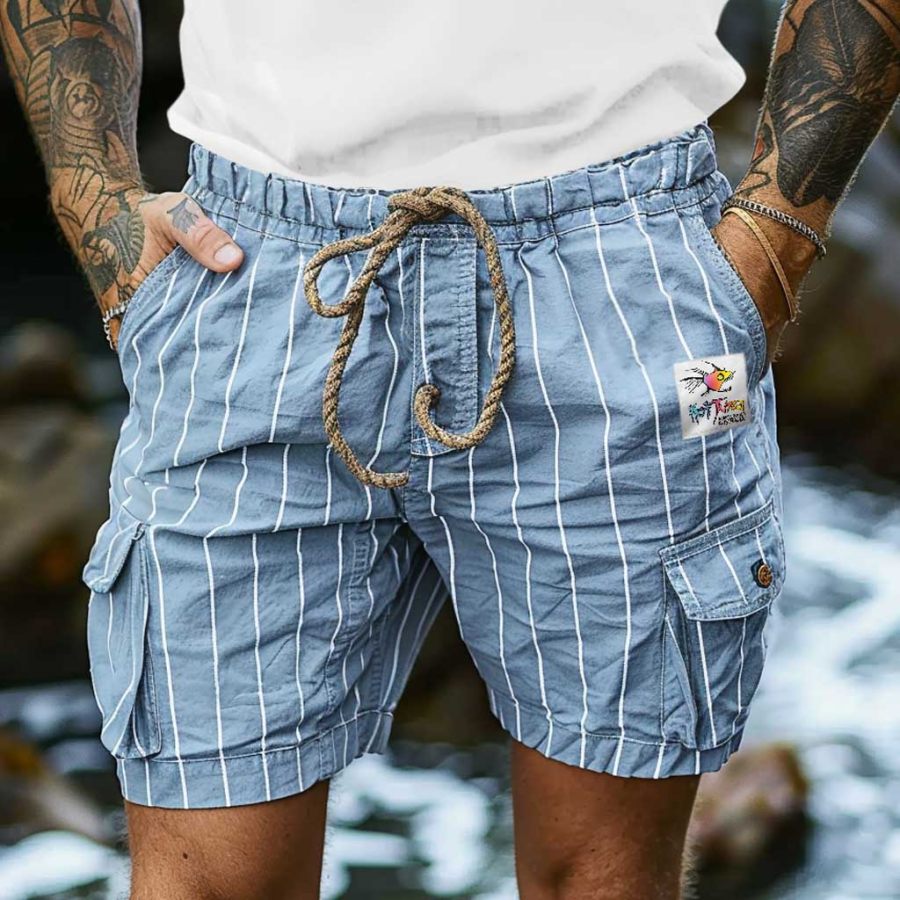 

Men's Vintage Fish Stripes Surf Elastic Drawstring Multi-Pocket Cargo Shorts