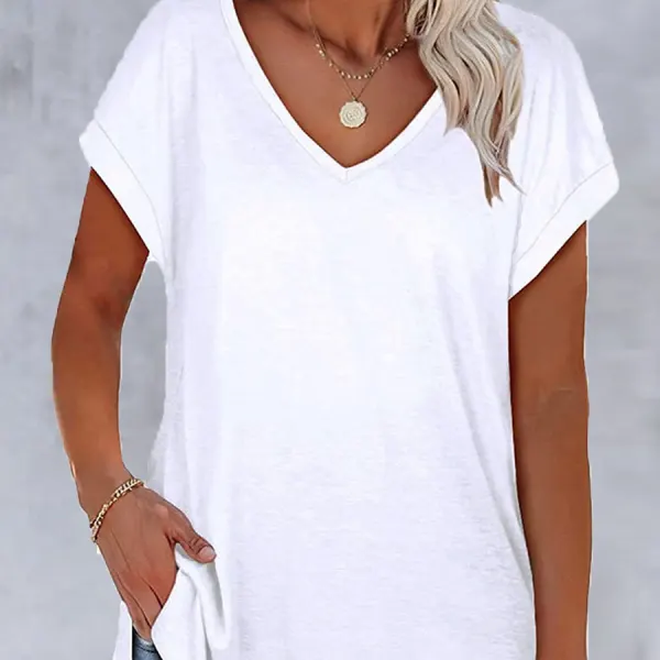 V-neck Casual Loose Solid Color Short-sleeved T-shirt - Wayrates.com 