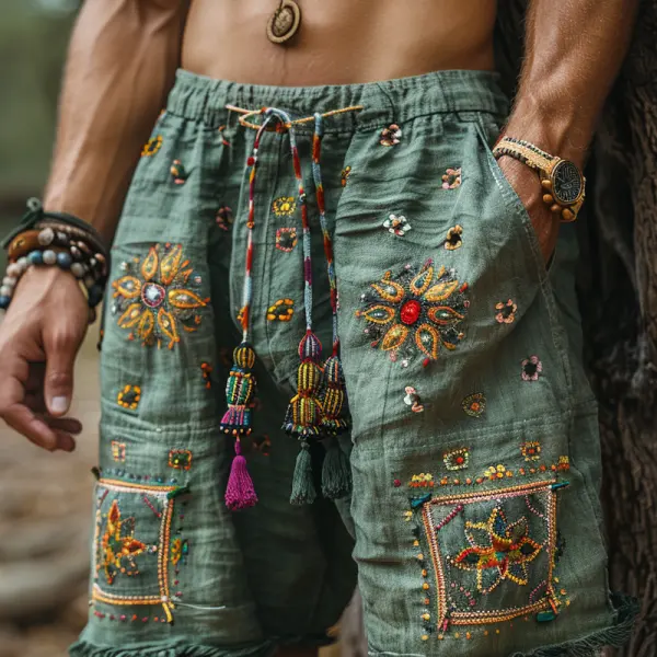 Men's Ethnic Printed Cotton And Linen Shorts - Wayrates.com 