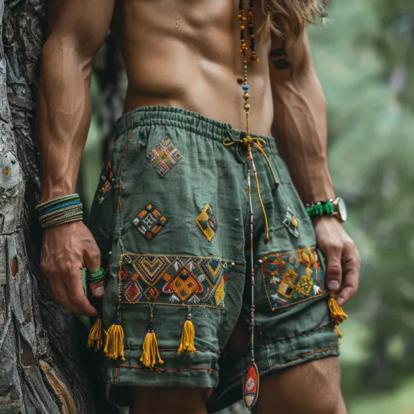 Men's Ethnic Printed Cotton And Linen Shorts - Wayrates.com 