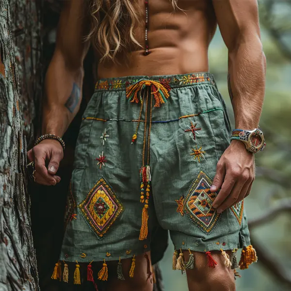 Men's Ethnic Printed Cotton And Linen Shorts - Wayrates.com 