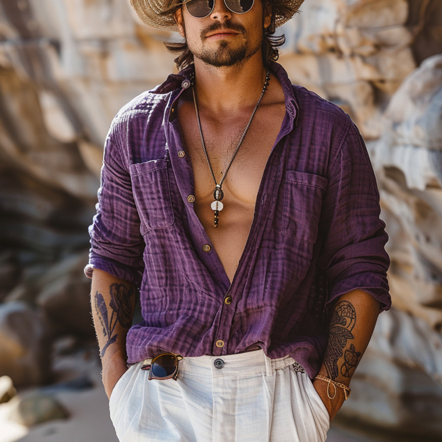 

Men's Beach Resort Casual Linen Top Shirt