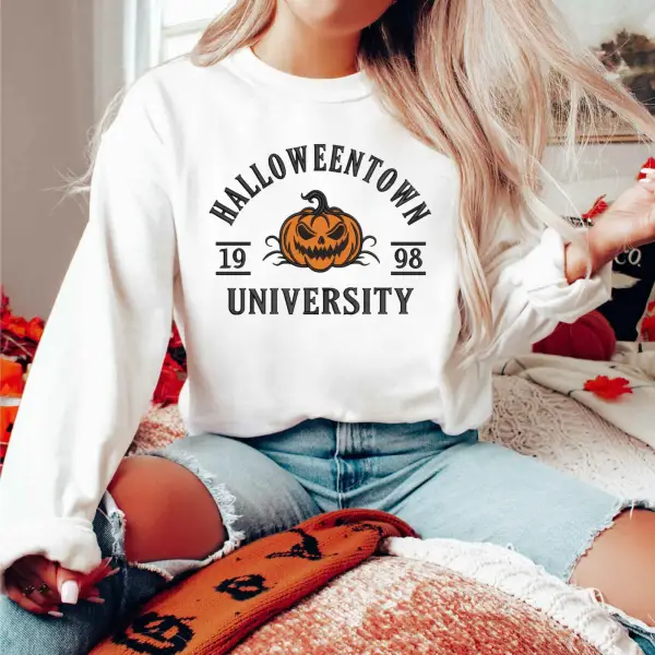 Women's Vintage Halloween Town University Pumpkin Long Sleeve Crew Neck Sweatshirt - Wayrates.com 