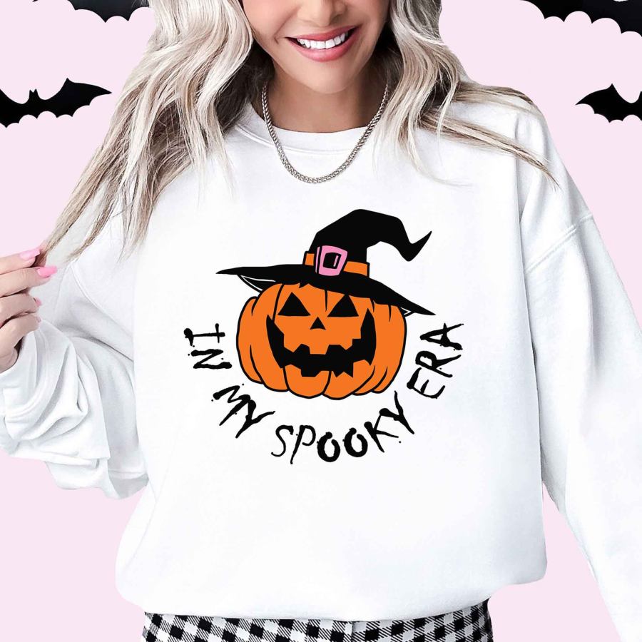 

Women's Vintage Halloween Pumpkin In My Spooky Era Long Sleeve Crew Neck Sweatshirt