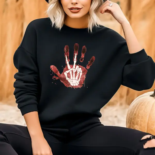 Women's Vintage Halloween Bloody Hand Skeleton Long Sleeve Crew Neck Sweatshirt - Wayrates.com 