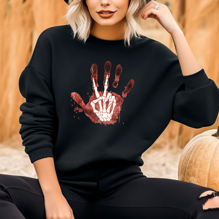 

Women's Vintage Halloween Bloody Hand Skeleton Long Sleeve Crew Neck Sweatshirt