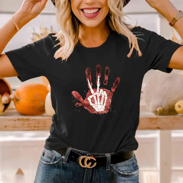 Women's Vintage Halloween Bloody Hand Skeleton Short Sleeve Crew Neck T-Shirt - Wayrates.com 