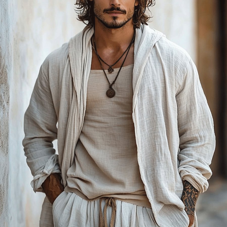 

Men's Holiday Plain Linen Casual Hooded Cardigan Jacket