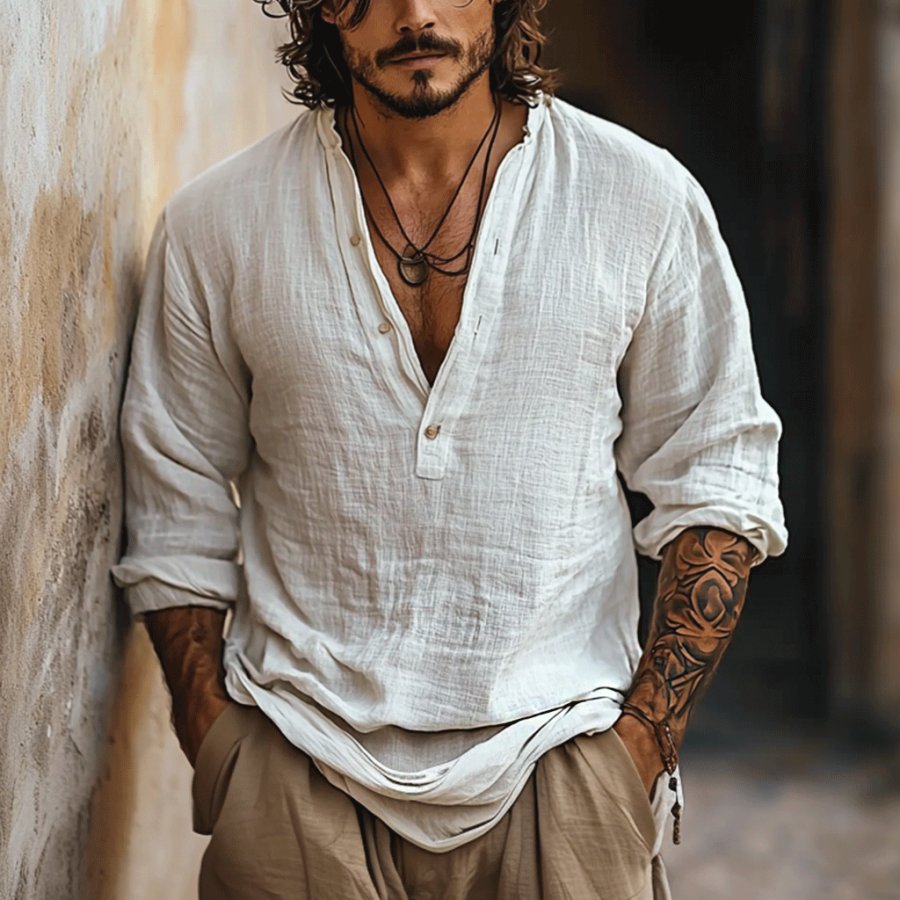 

Men's Linen Plain V-Neck Shirt