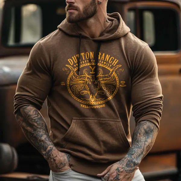 Men's Vintage Yellowstone Western Cowboy Pocket Long Sleeve Casual Hoodie - Trisunshine.com 