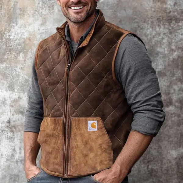 Men's Vintage Pocket Suede Quilted Zip Vest Outdoor Motorcycle Stand Collar Vest Jacket - Trisunshine.com 