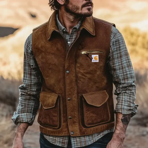 Men's Vintage Suede Multi-Pocket Outdoor Motorcycle Lapel Vest Jacket - Wayrates.com 