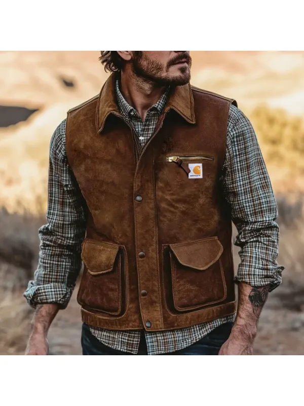 Men's Vintage Suede Multi-Pocket Outdoor Motorcycle Lapel Vest Jacket - Anrider.com 